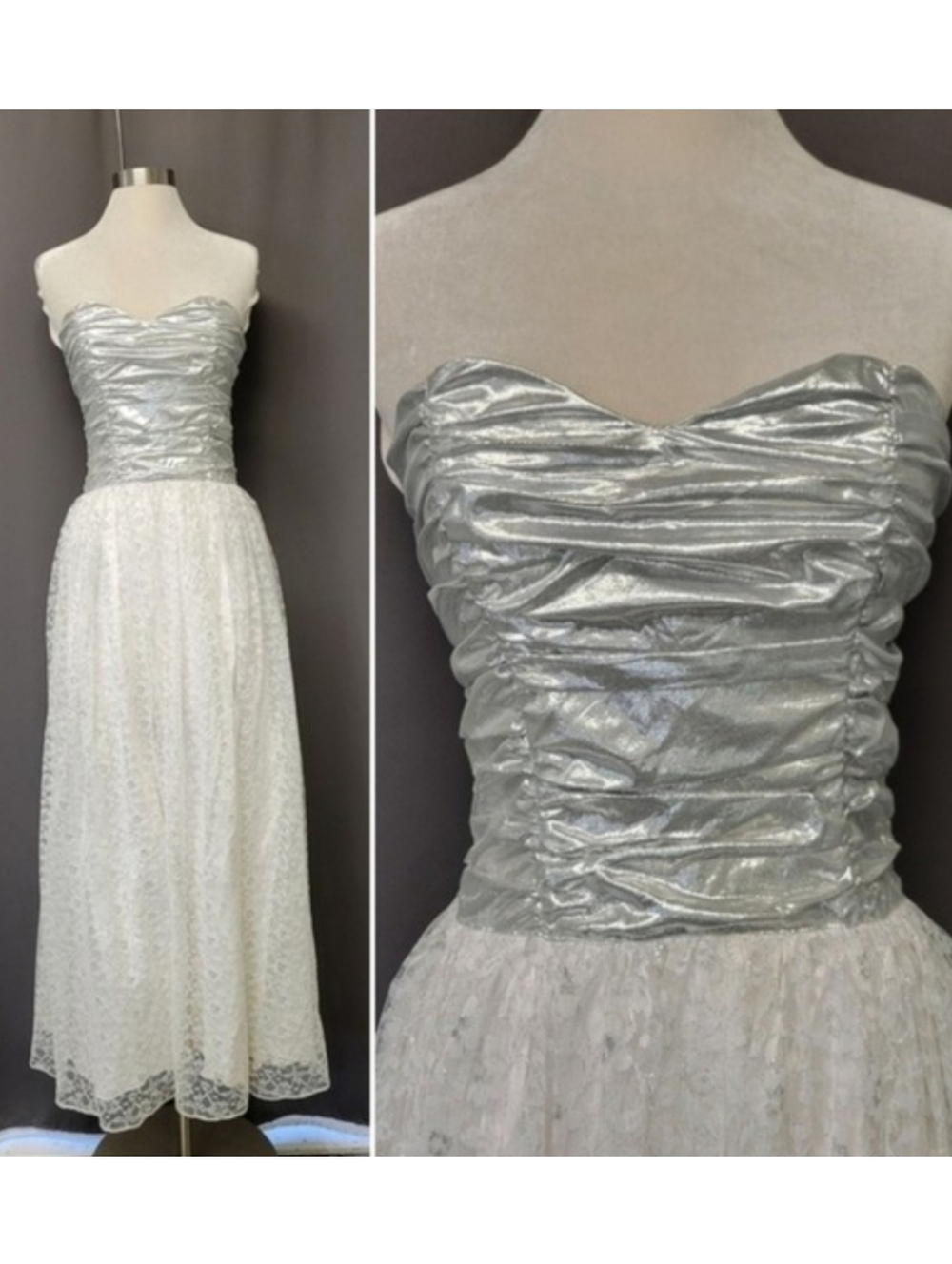 Vintage 80s Gunne Sax Jessica McClintock Dress Silver Metallic Lace White Size 9